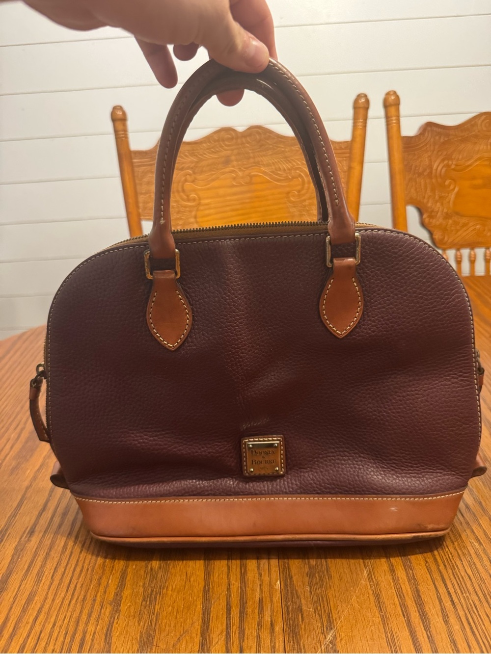 Dooney & Bourke Pebble Leather Satchel - Burgundy with Tan Trim